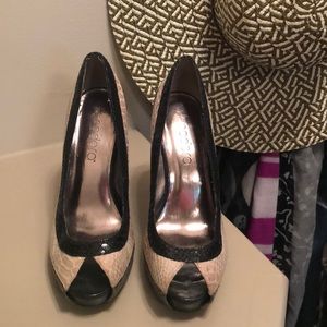 Snakeskin black, cream and pewter peep toe heels